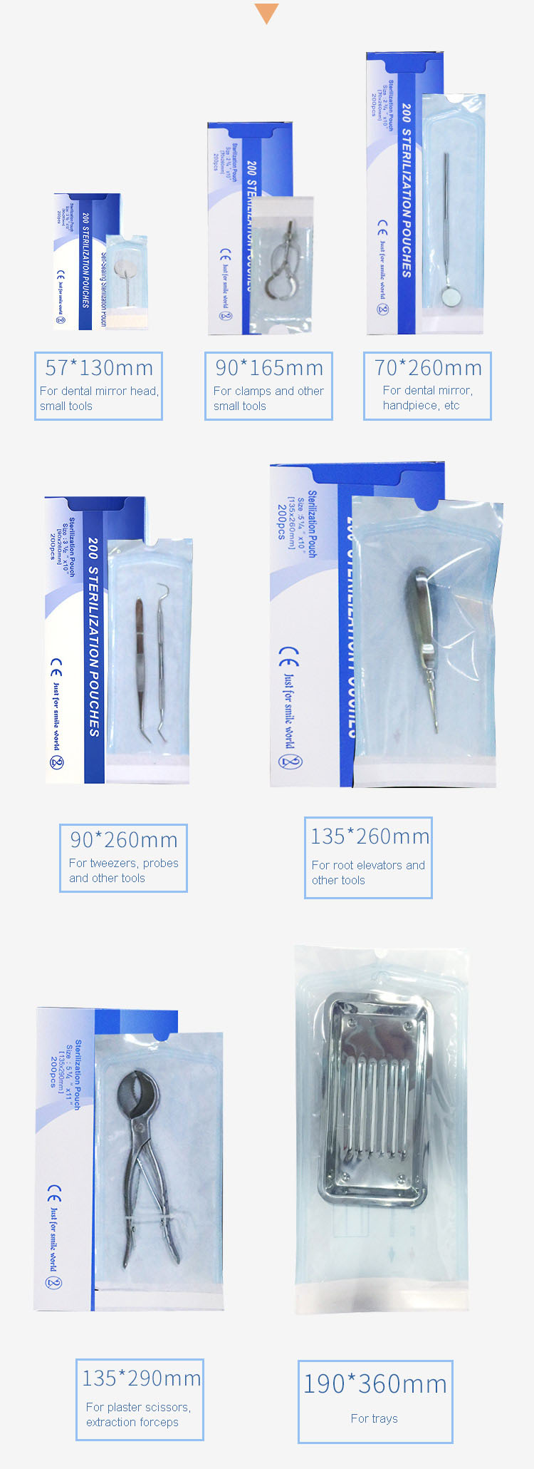size of dental sterilization pouches and application