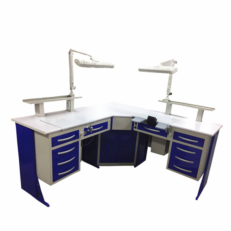 Double dental laboratory workstation dimensions for team collaboration with corner design